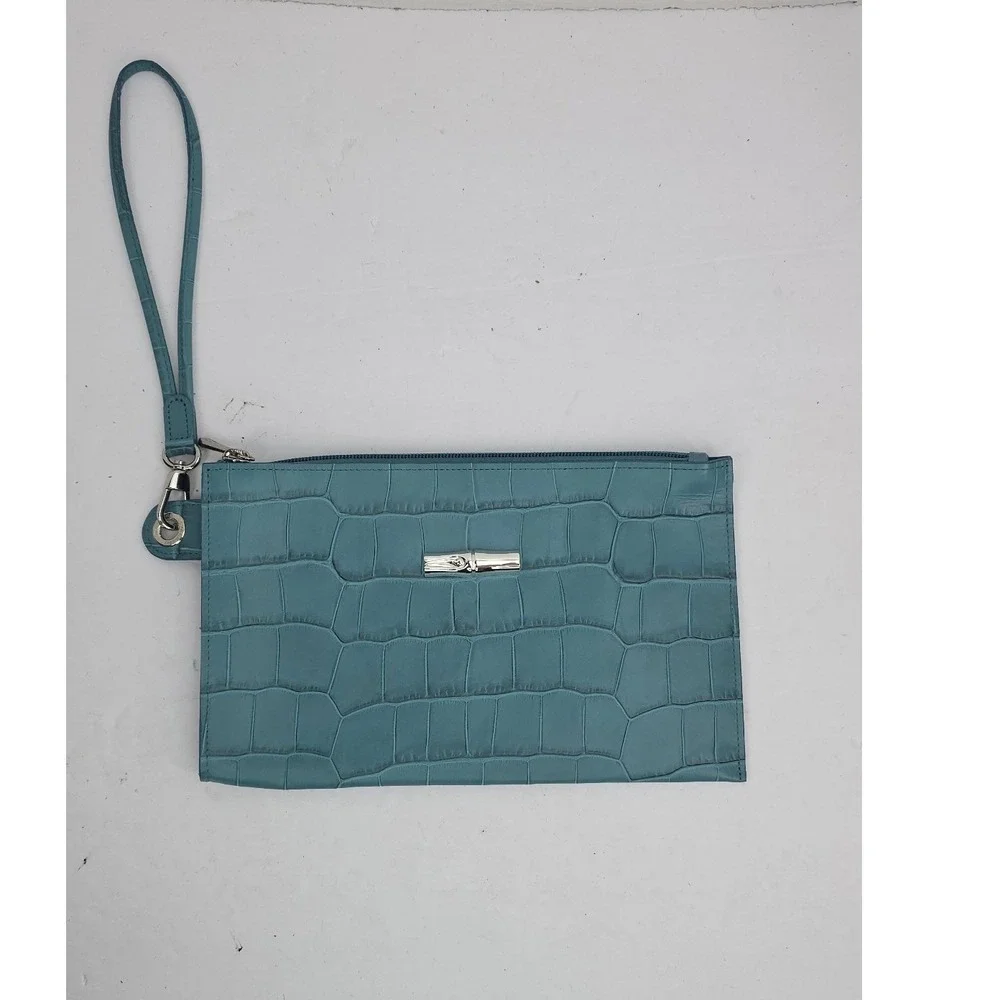 Longchamp Roseau Croco Leather‎ Wristlet Clutch Jade Green L2541 858 323 NEW